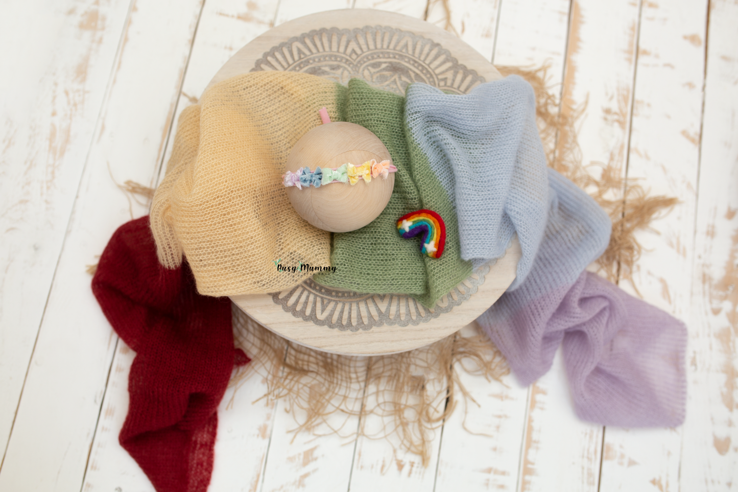 Newborn knitted wrap, rainbow, xtra long, headtie, felted rainbow, Ready to send