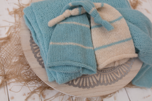 Newborn knitted wrap, twin, sea green, off white, sleep hat, Ready to send