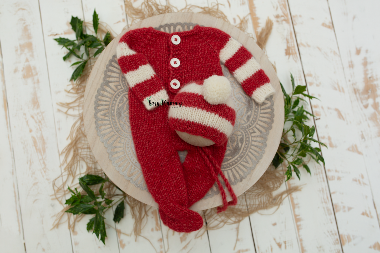 Newborn size knitted pyjama, red, white, Christmas prop, boy, girl, Ready to send