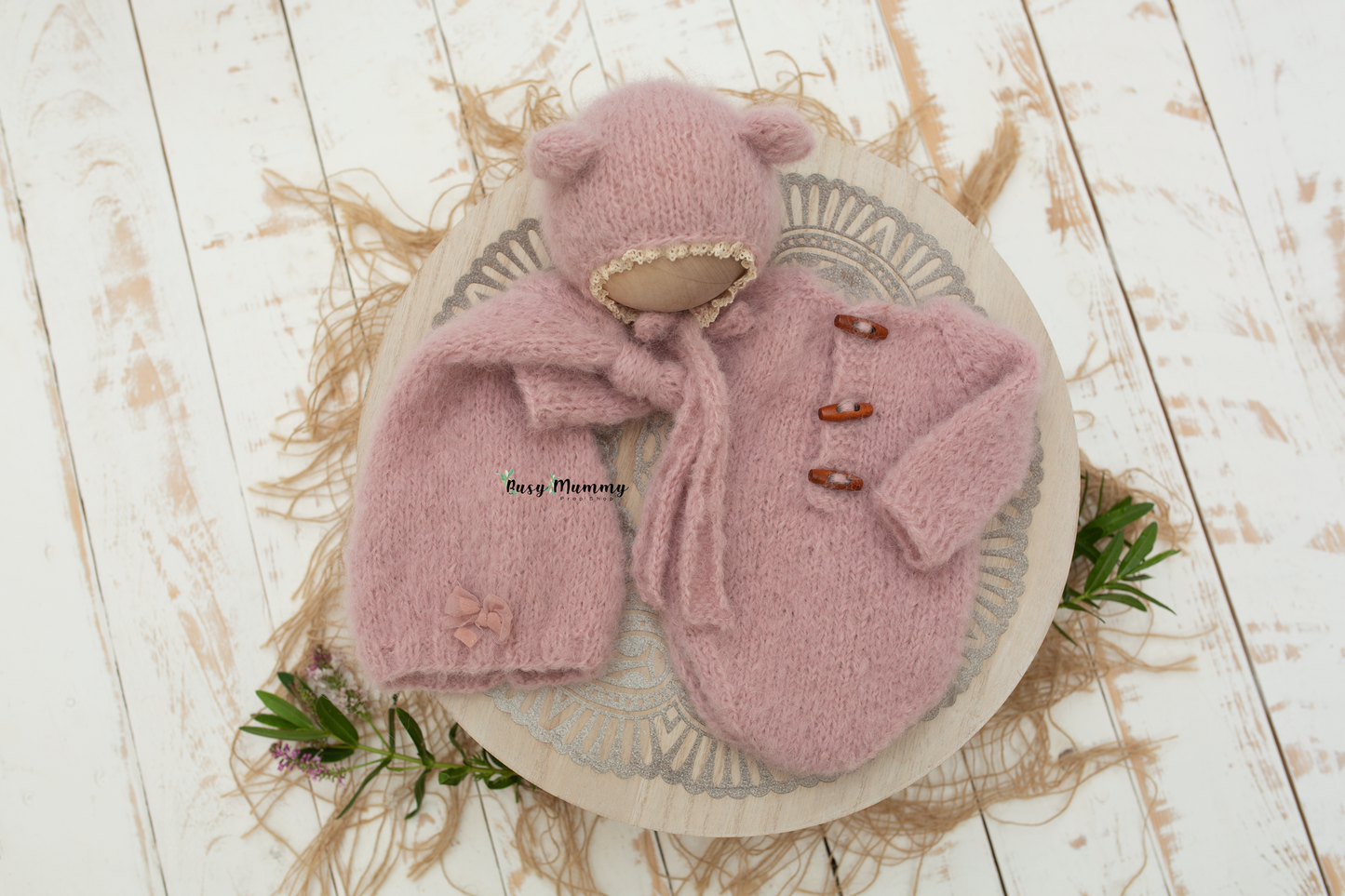 Newborn knitted pyjama, bear bonnet, pink, girl, sleep hat, PRE ORDER