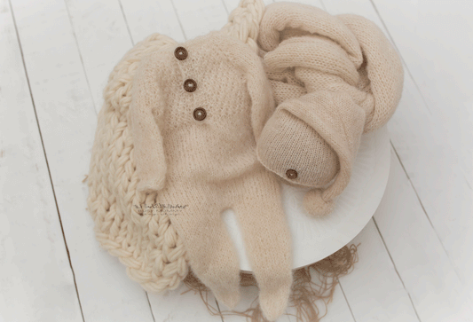 Newborn size knitted sleep hat, pyjama, xtra long wrap, cream, neutral,  chunky layer, PRE ORDER
