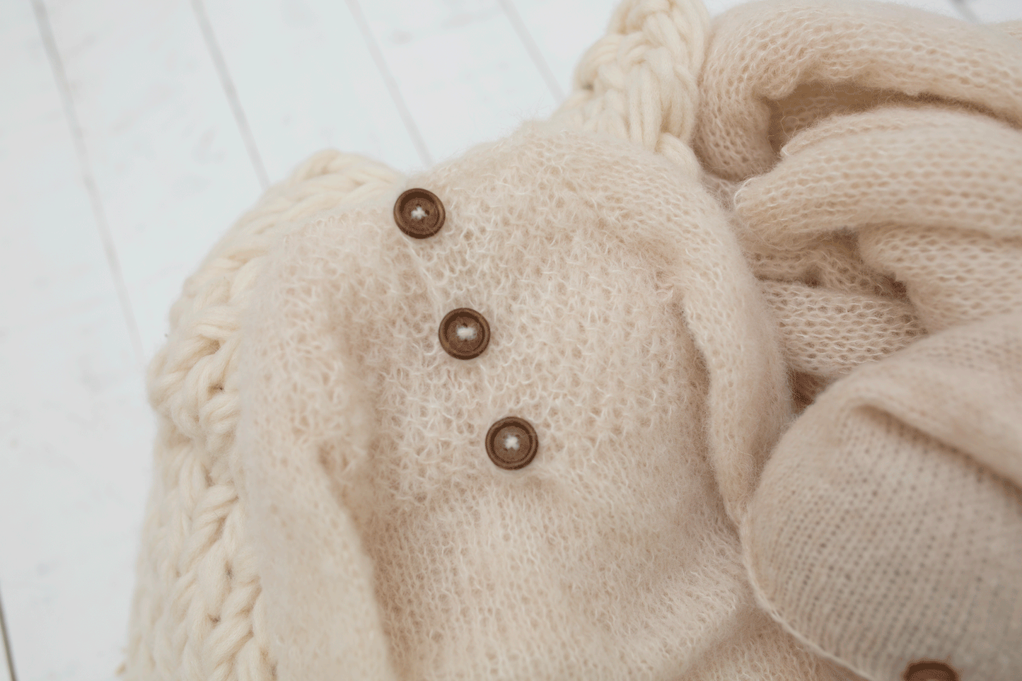 Newborn size knitted sleep hat, pyjama, xtra long wrap, cream, neutral,  chunky layer, PRE ORDER