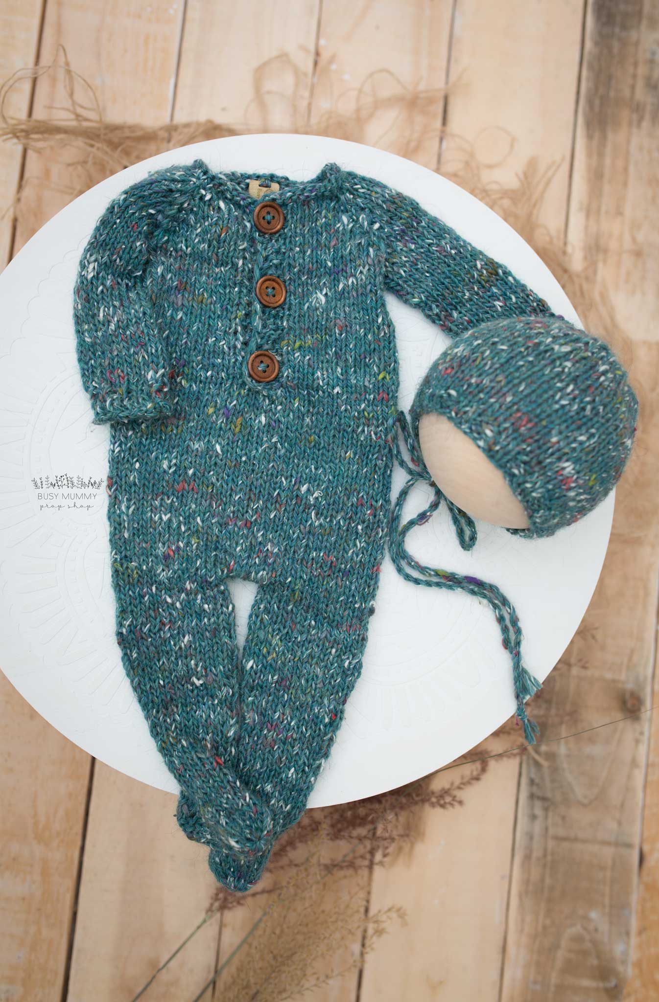 Newborn  size knitted pyjama, petrol, tweed, bonnet, READY TO SEND