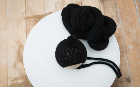 Newborn size knitted bonnet, black, alpaca wrap, xtra long, knitted, READY TO SEND