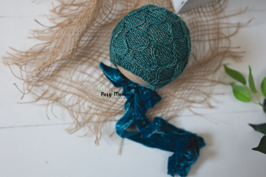 Newborn knitted bonnet, leaves, velvet ties, RTS
