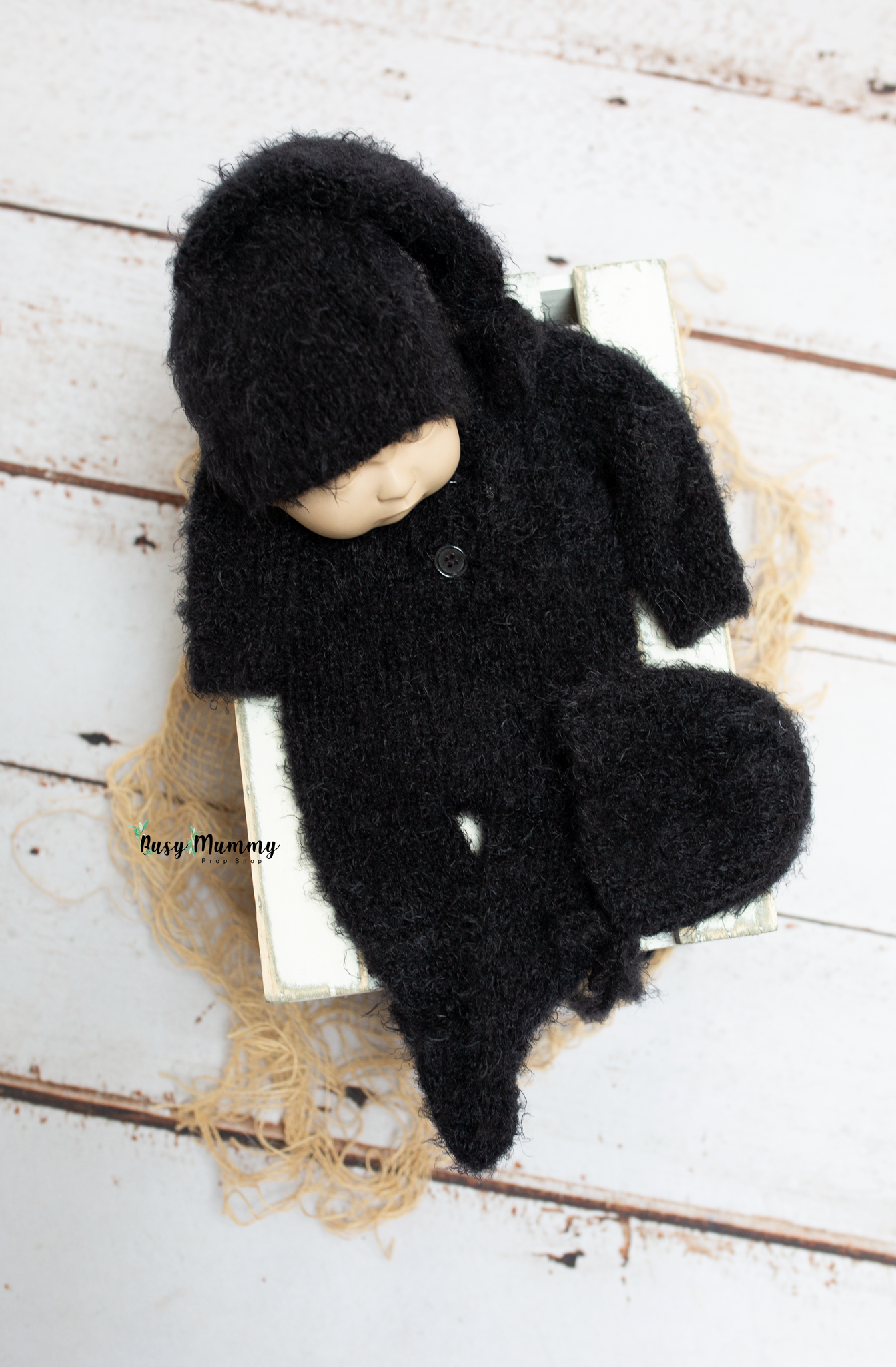 Newborn size, unisex, boy, girl, black, fluffy, pyjama, sleep hat, bonnet, Ready to send