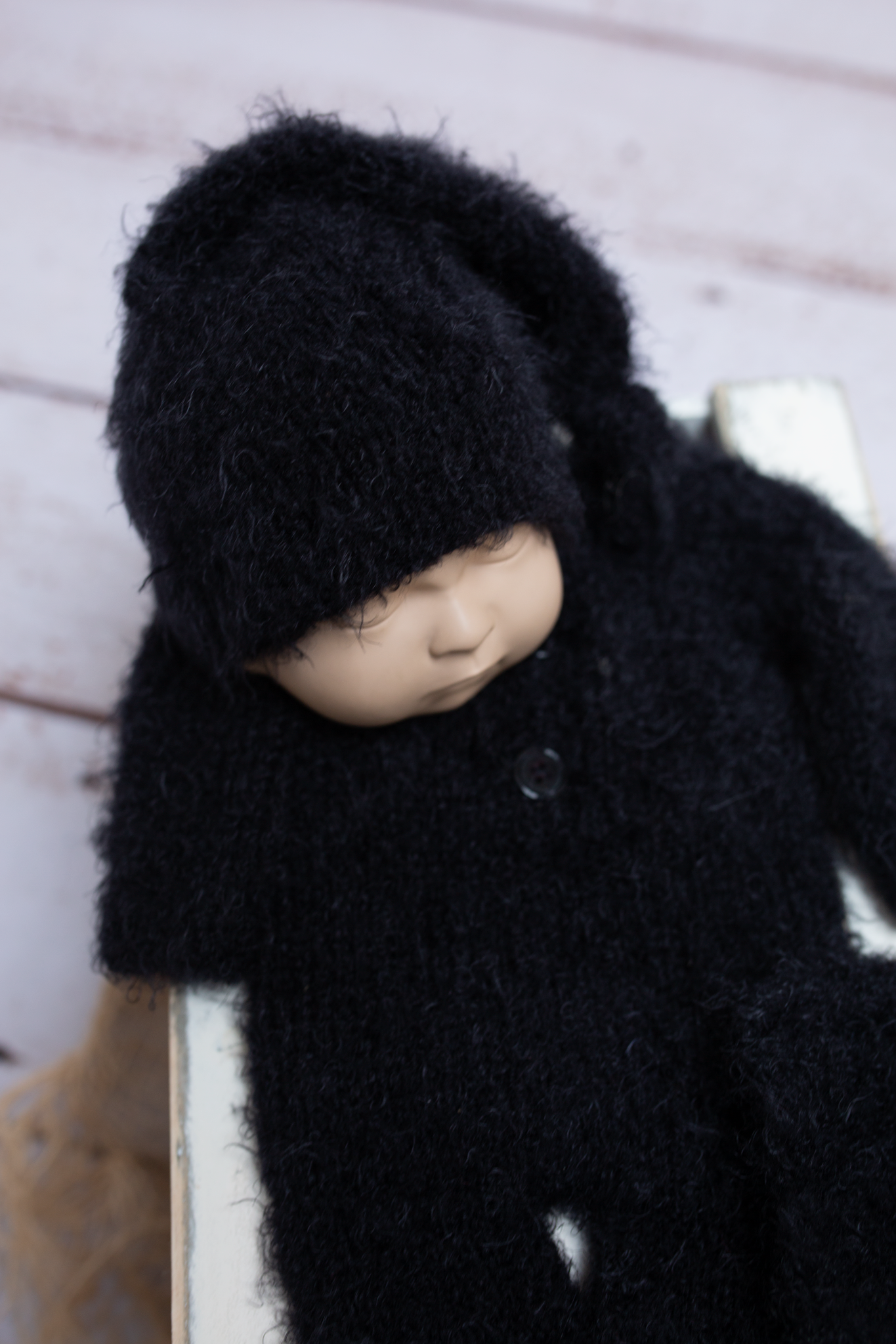 Newborn size, unisex, boy, girl, black, fluffy, pyjama, sleep hat, bonnet, Ready to send