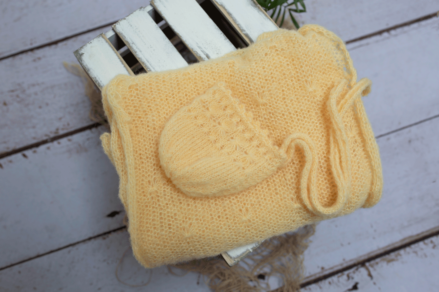 Newborn size knitted wrap, bonnet, yellow, xtra long, mohair, Ready to send