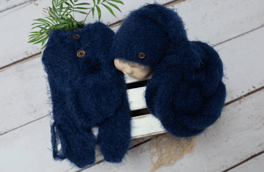 Newborn size knitted pyjama, navy, blue, sleep hat, fluffy, wrap, bonnet, Ready to send