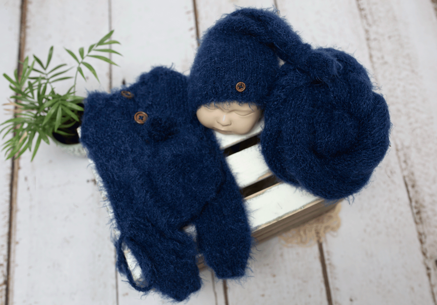 Newborn size knitted pyjama, navy, blue, sleep hat, fluffy, wrap, bonnet, Ready to send