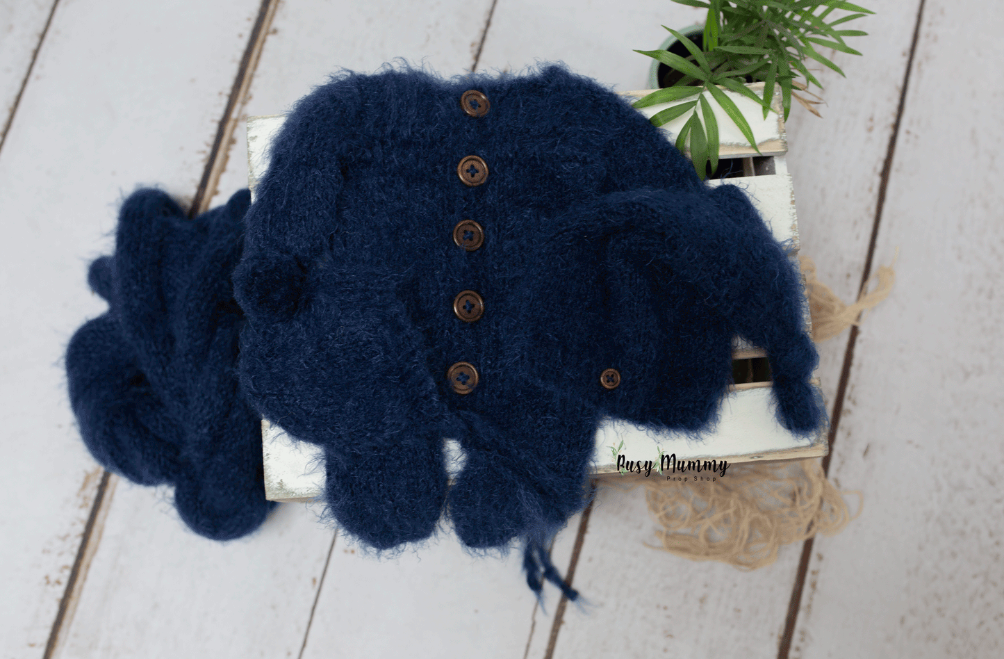 Newborn size knitted pyjama, navy, blue, sleep hat, fluffy, wrap, bonnet, Ready to send