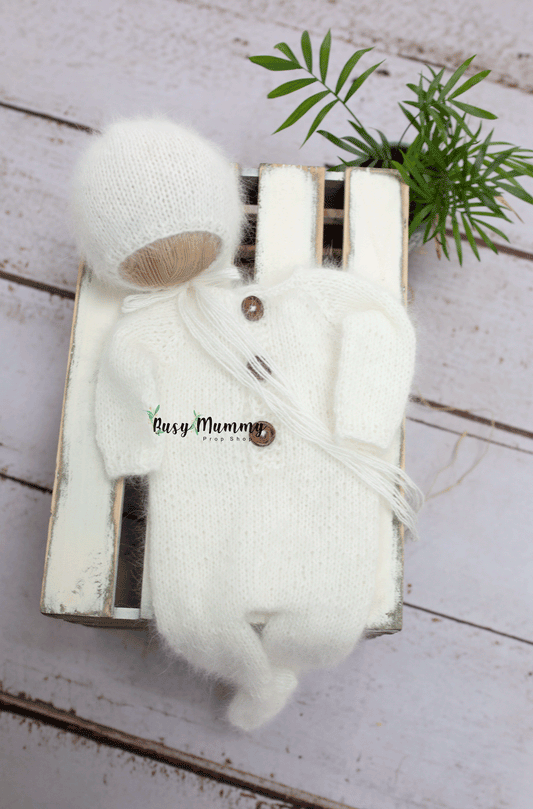 Newborn size knitted pyjama, bonnet, boy, girl, neutral, white, angora, Ready to send