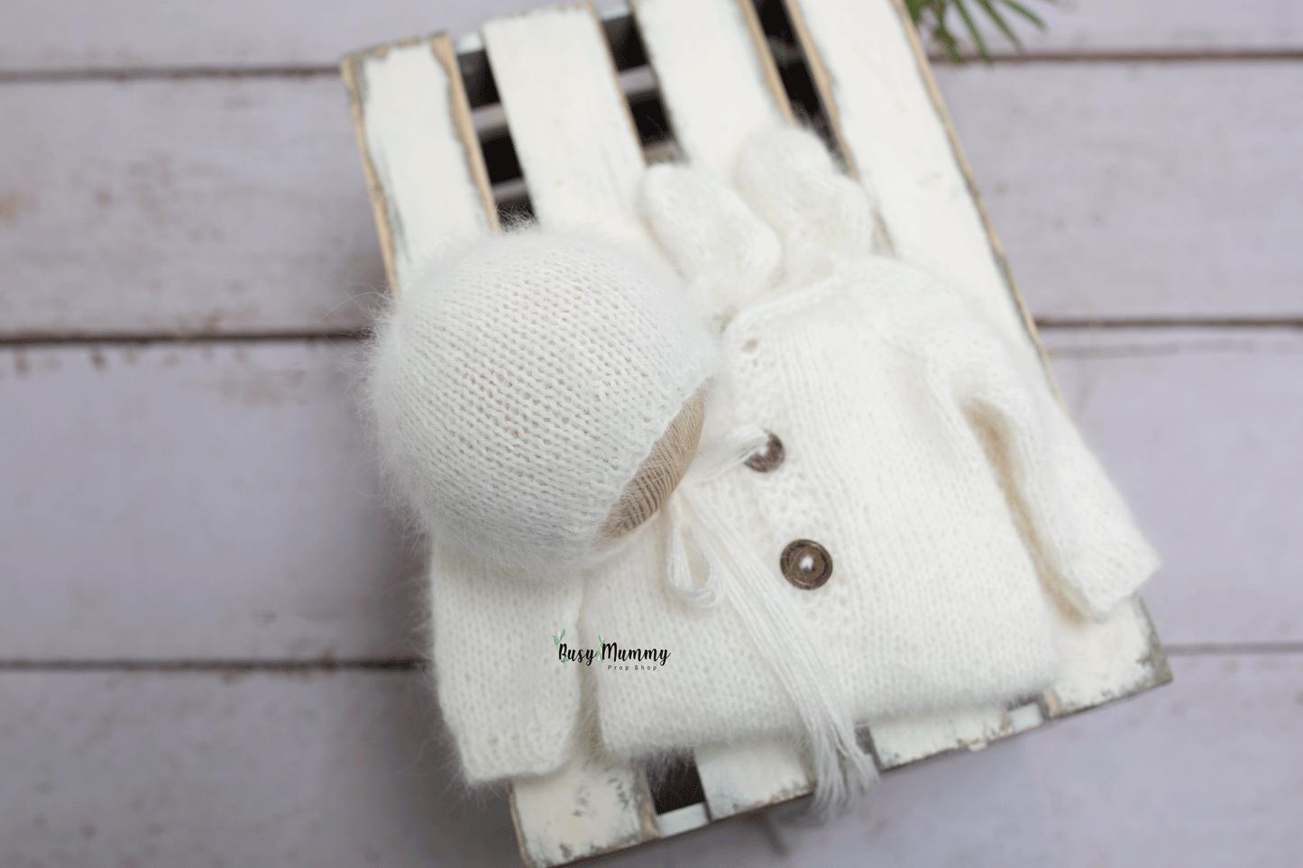 Newborn size knitted pyjama, bonnet, boy, girl, neutral, white, angora, Ready to send