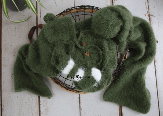 Newborn size, moss green, knitted romper, bonnet, socks, wrap, sleep hat, Ready to send