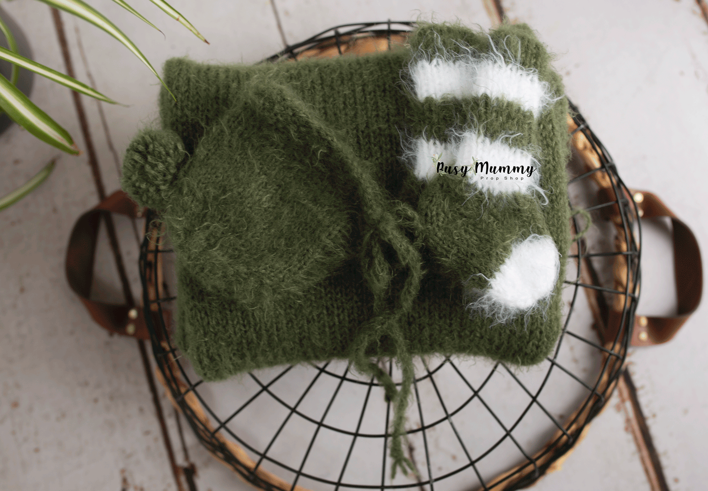 Newborn size, moss green, knitted romper, bonnet, socks, wrap, sleep hat, Ready to send