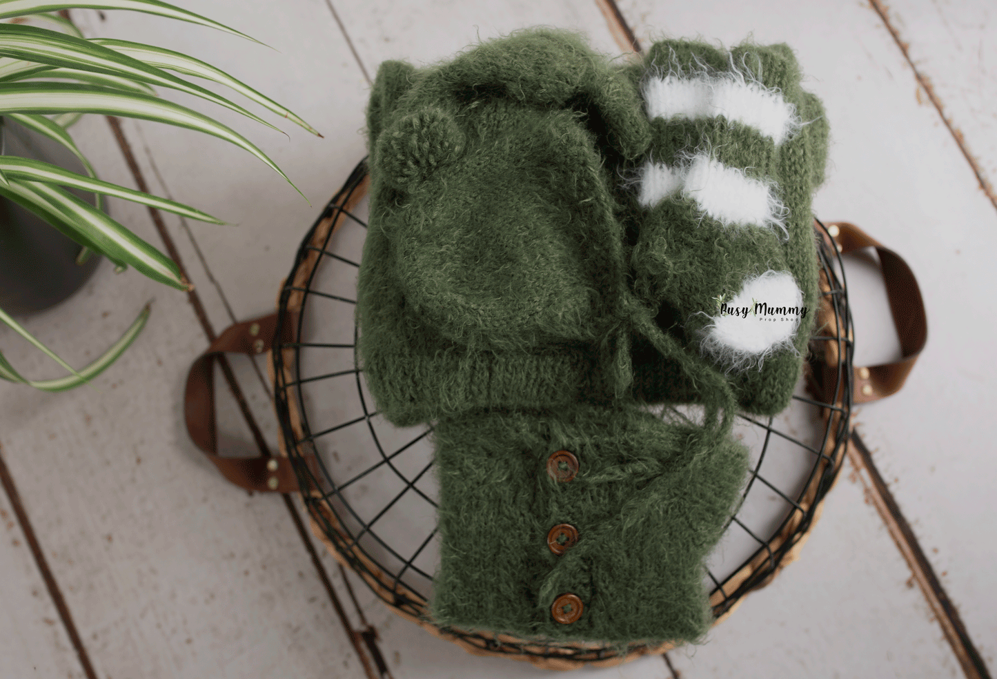 Newborn size, moss green, knitted romper, bonnet, socks, wrap, sleep hat, Ready to send