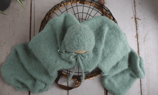 Newborn knitted, fluffy, soft, petrol, neutral, bonnet, wrap, Ready to send