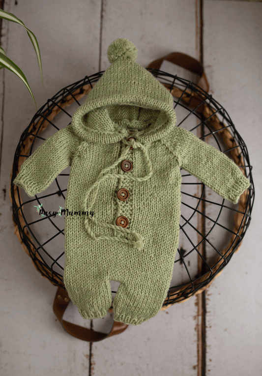Newborn size knitted pyjama with hood, pistachio, green, olive, Ready to send