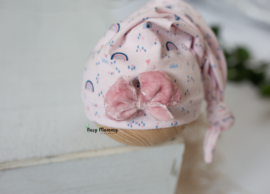 Newborn baby girl, pink, rainbow, velvet, sleep hat, RTS