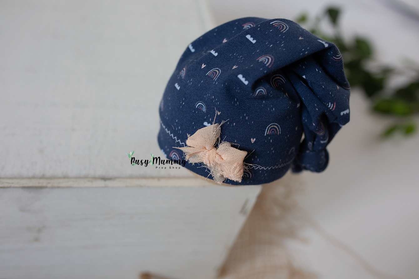 Newborn baby girl, navy, dark blue, rainbow, sleep hat, RTS