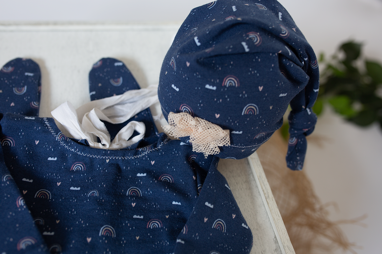 Newborn baby girl, rainbow,dark blue, navy, pyjama, sleep hat, RTS