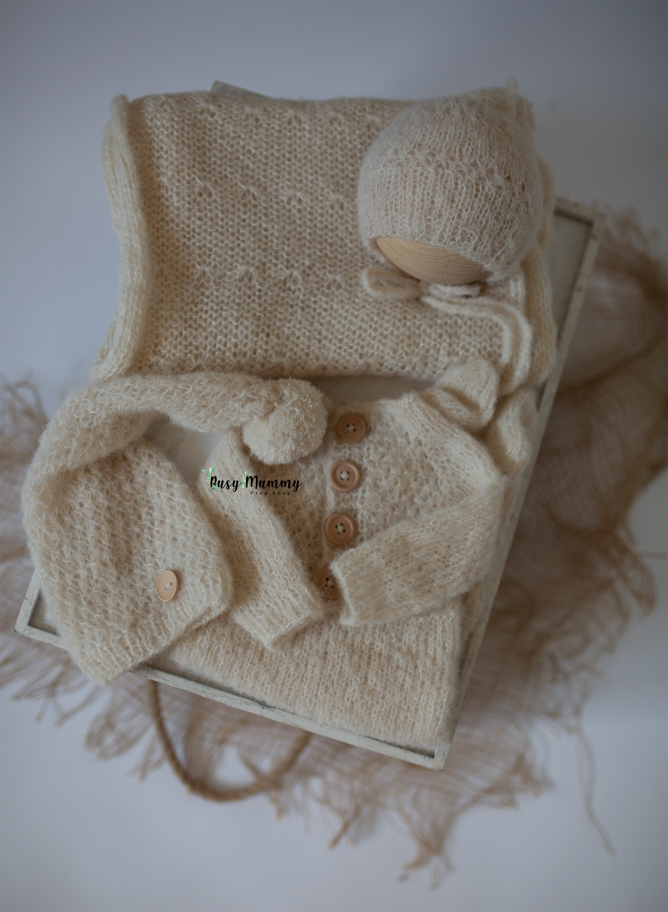 Newborn size knitted pyjama, wrap, pillow, bonnet, sleep hat, off white, Ready to send