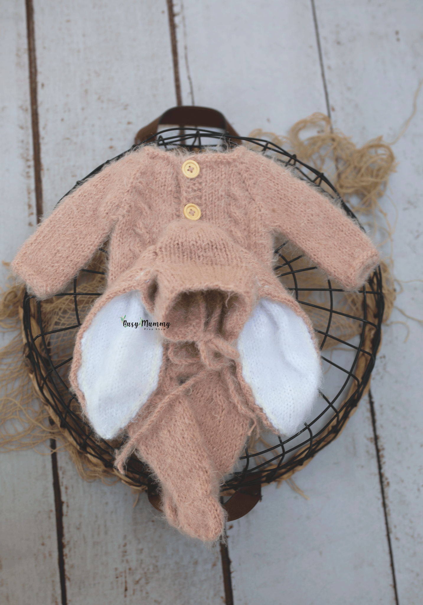 Newborn size knitted pyjama, dusty pink, bunny bonnet, Ready to send