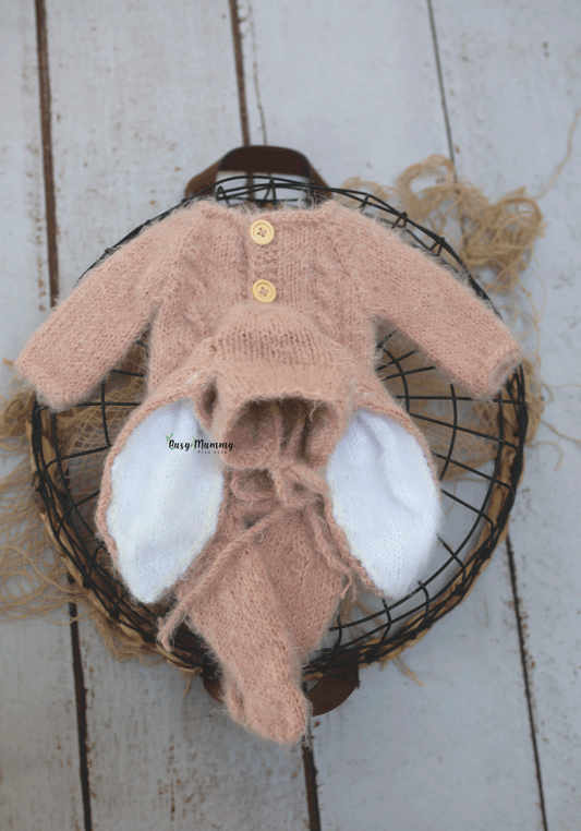 Newborn size knitted pyjama, dusty pink, bunny bonnet, Ready to send