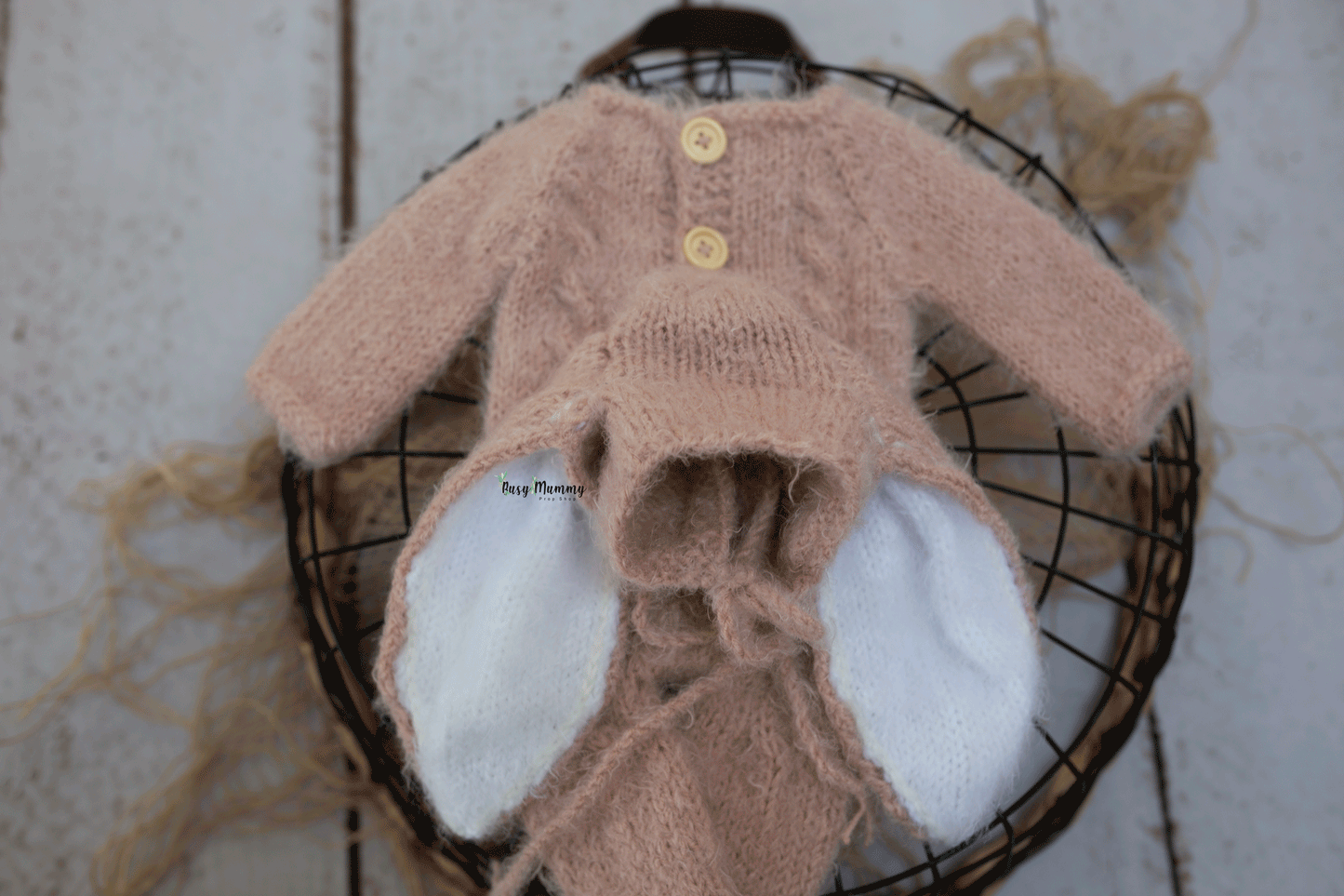 Newborn size knitted pyjama, dusty pink, bunny bonnet, Ready to send