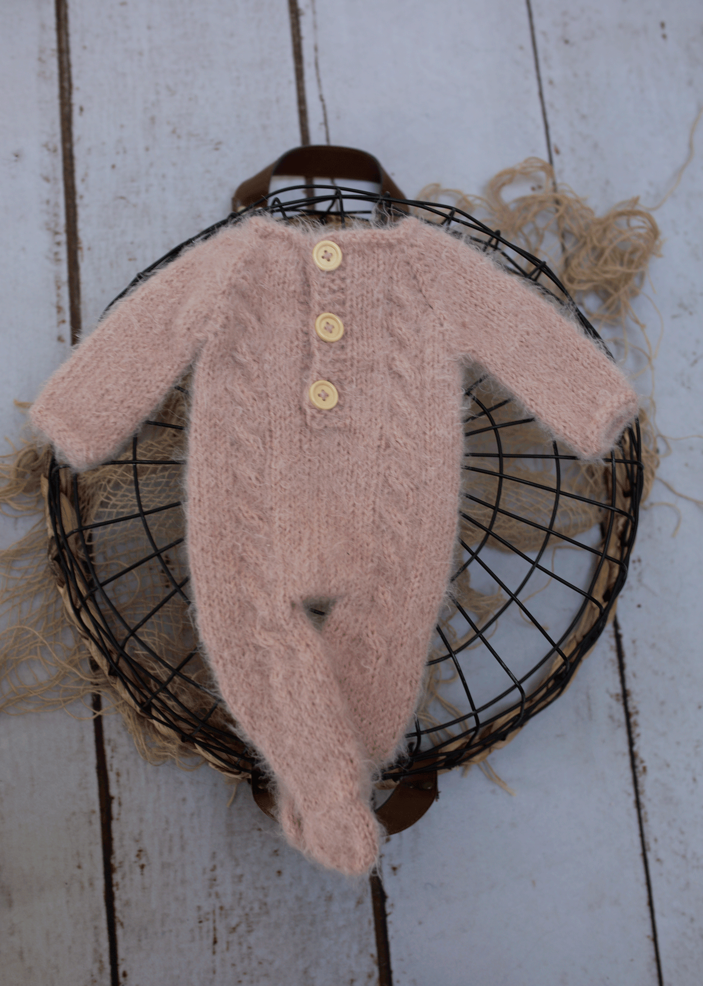 Newborn size knitted pyjama, dusty pink, bunny bonnet, Ready to send