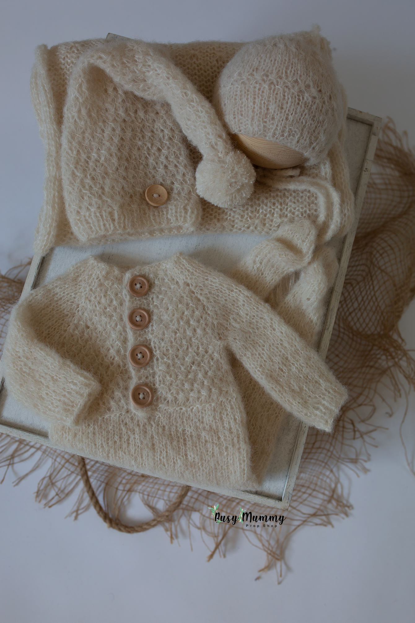 Newborn size knitted pyjama, wrap, pillow, bonnet, sleep hat, off white, Ready to send