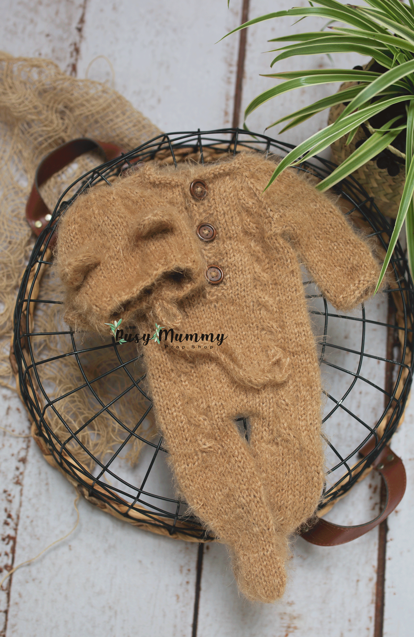 Newborn size knitted pyjama, brown, camel, bear bonnet, sleep hat, Ready to send