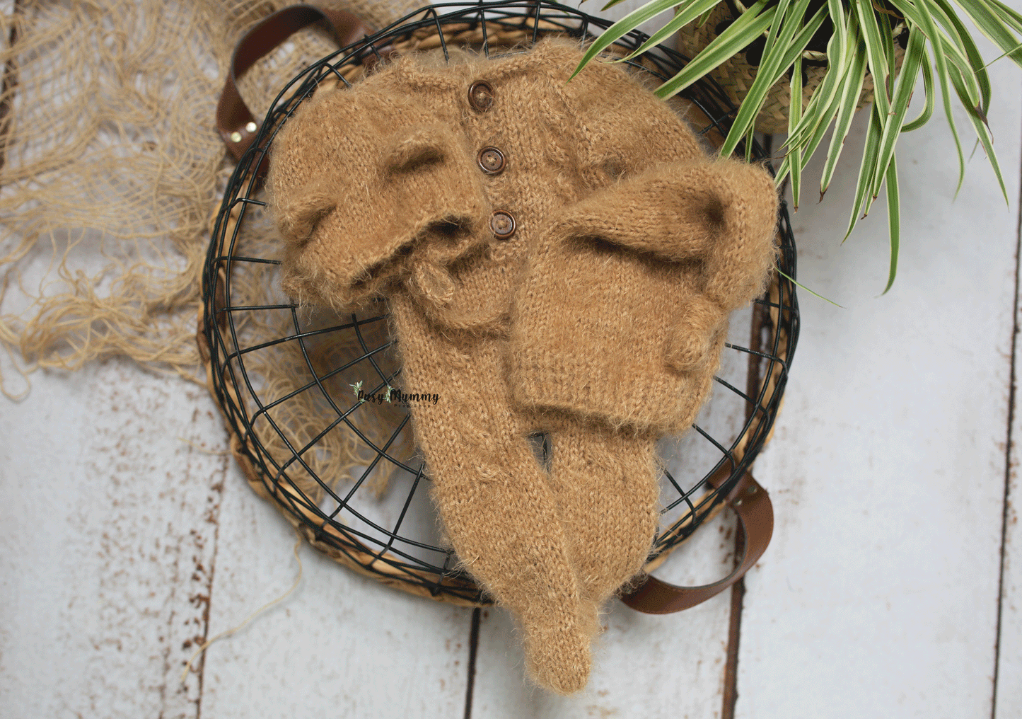 Newborn size knitted pyjama, brown, camel, bear bonnet, sleep hat, Ready to send