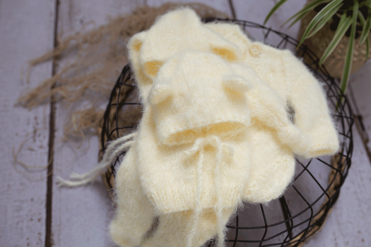 Newborn knitted pyjama super fluffy, patterned, bonnet, bear, bunny, sleep hat, Ready to send