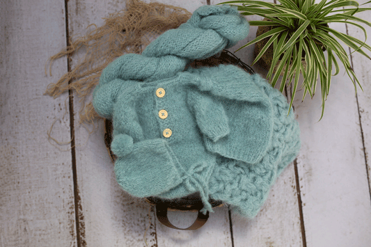 Newborn knitted romper, chunky layer, bonnet, sleep hat, wrap,. set sea green, Ready to send