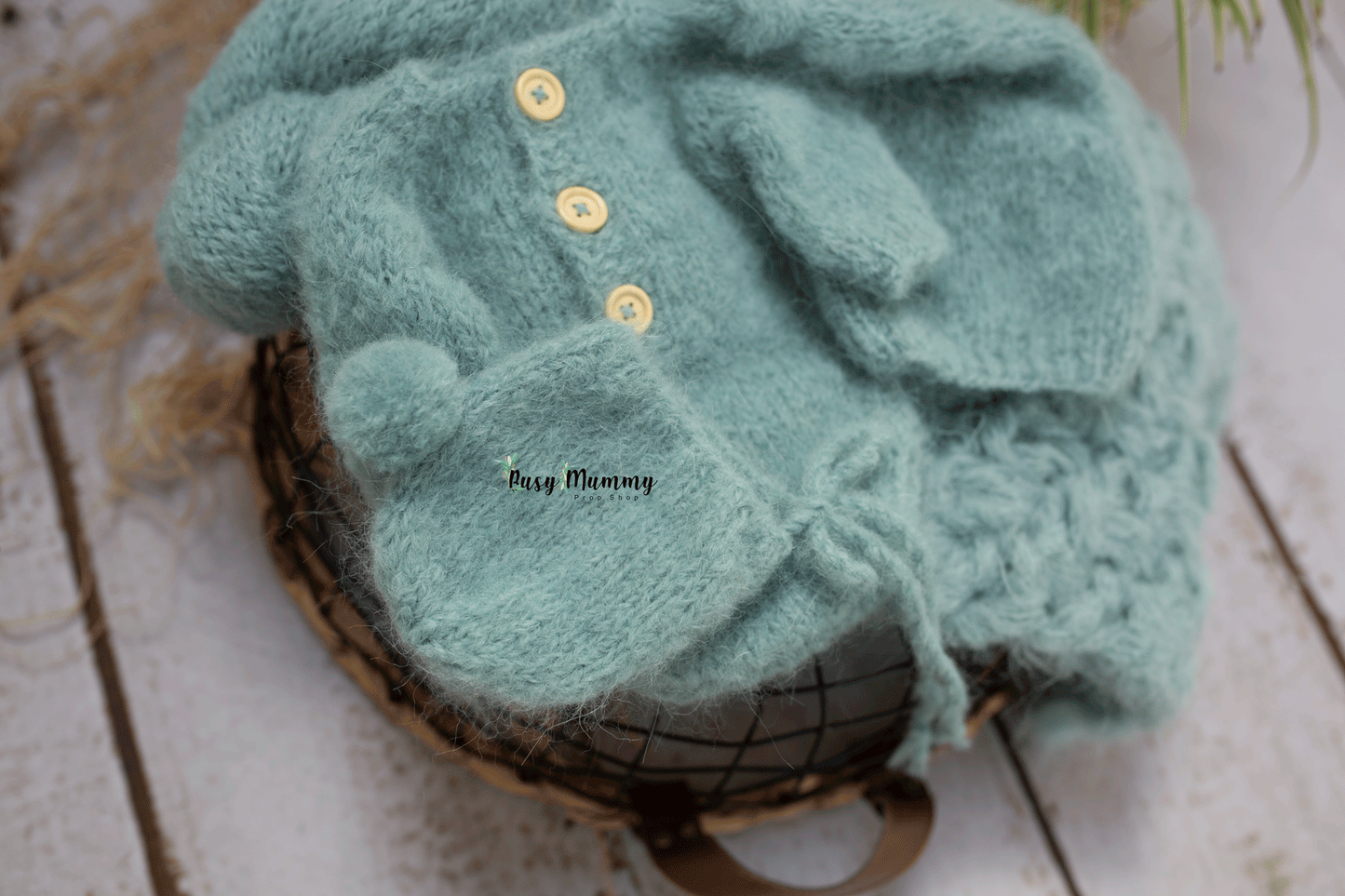 Newborn knitted romper, chunky layer, bonnet, sleep hat, wrap,. set sea green, Ready to send