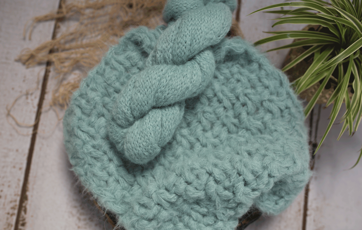 Newborn knitted romper, chunky layer, bonnet, sleep hat, wrap,. set sea green, Ready to send