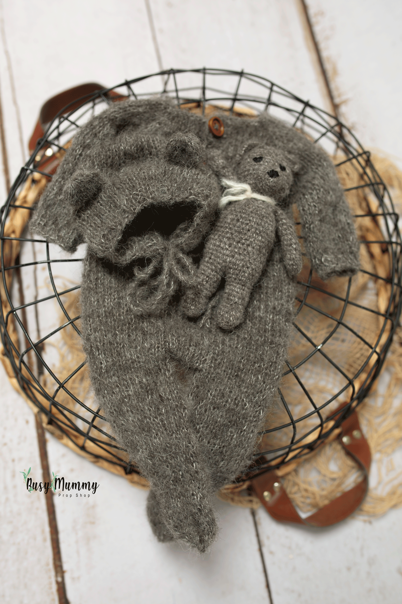 Newborn size, dark grey, knitted bear pyjama, toy bear, bonnet, Ready to send