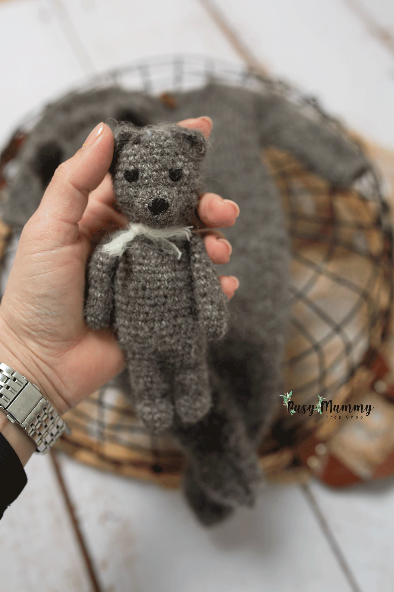 Newborn size, dark grey, knitted bear pyjama, toy bear, bonnet, Ready to send