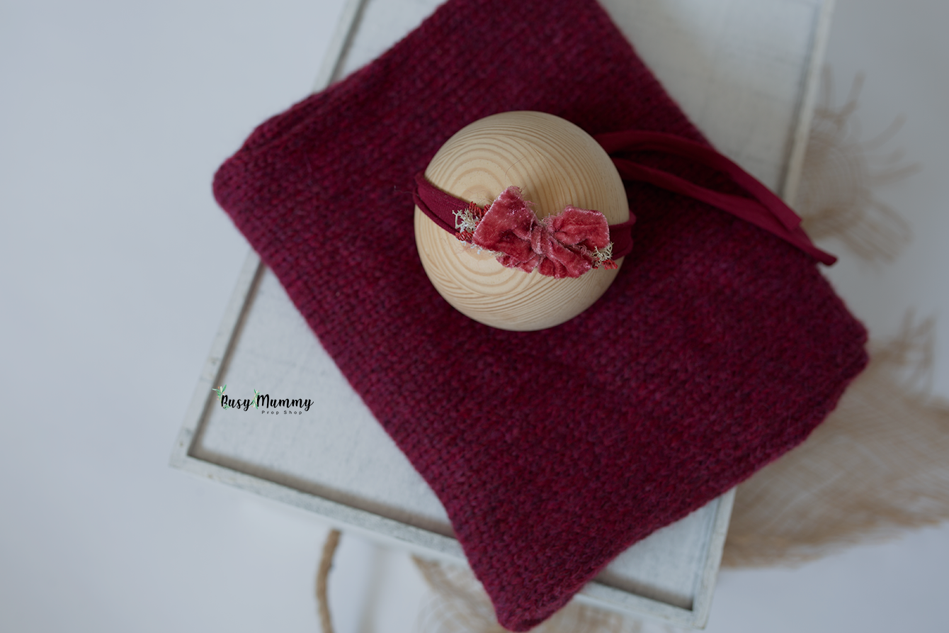 Newborn knitted burgundy wrap, headband, velvet, Ready to send