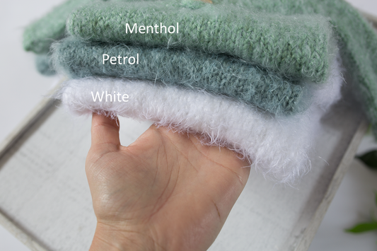 Knitted newborn size pyjama, beaded bonnet,  petrol,white, menthol, READY TO SEND