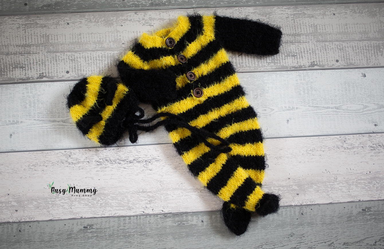 Newborn bee theme. knitted pyjama, bonnet, yellow, black, READY TO SEND