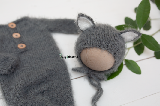 Newborn knitted pyjama, dark grey, bonnet, wolf, Ready to send