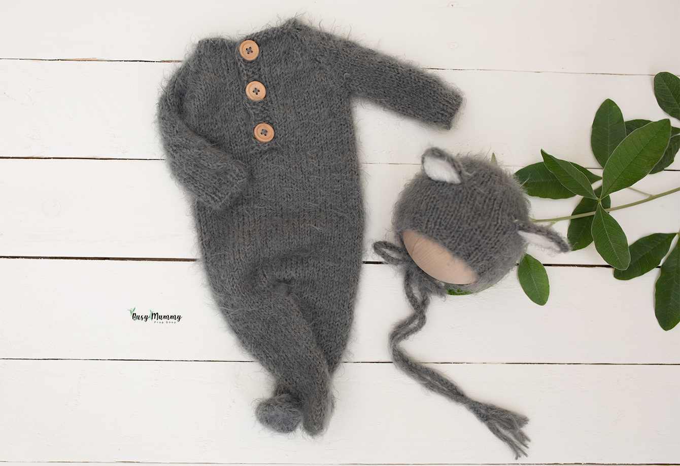 Newborn knitted pyjama, dark grey, bonnet, wolf, Ready to send