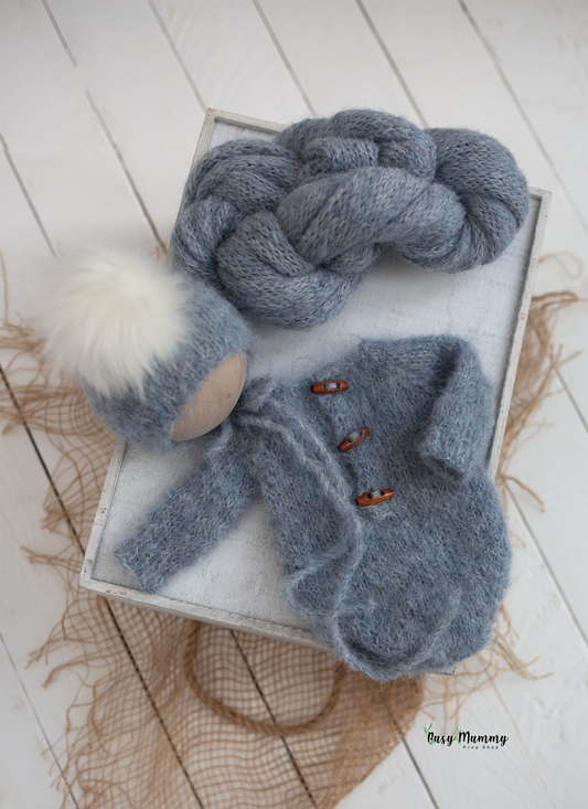 Newborn knitted romper, pale blue, fog, bonnet, wrap, PRE ORDER