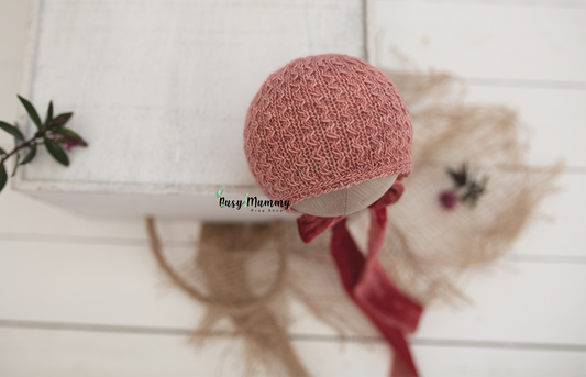 Newborn knitted bonnet, soft peach colour, velvet ties, Ready to send