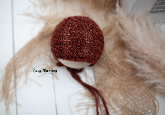 Newborn knitted bonnet, dark brown, ready to send