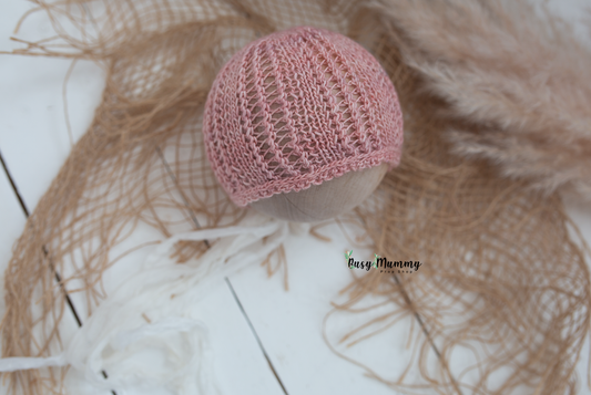 Newborn knitted bonnet, pink, silk, RTS