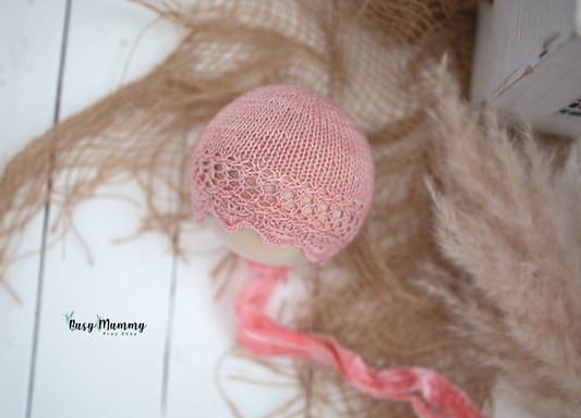 Newborn knitted bonnet, pink, velvet ties, RTS