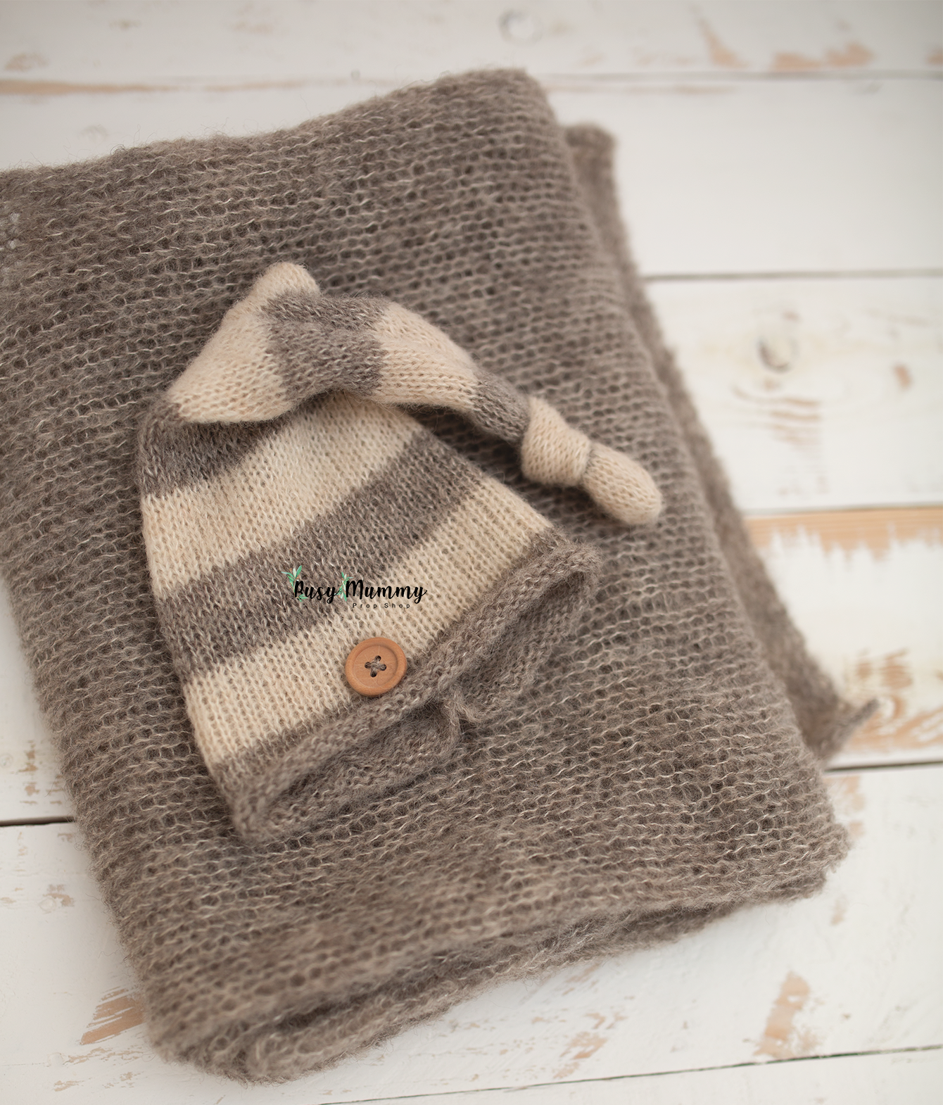 Newborn knitted sleep hat, wrap, grey, stripe off white, Ready to post